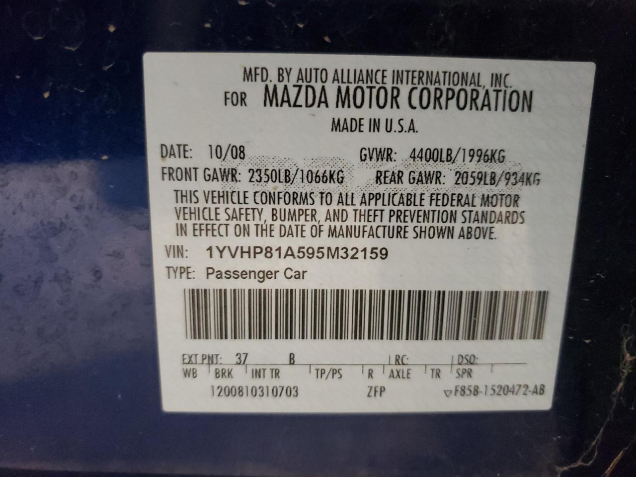 Photo 10 from auction – 2009 MAZDA 6 I with VIN 1YVHP81A595M32159