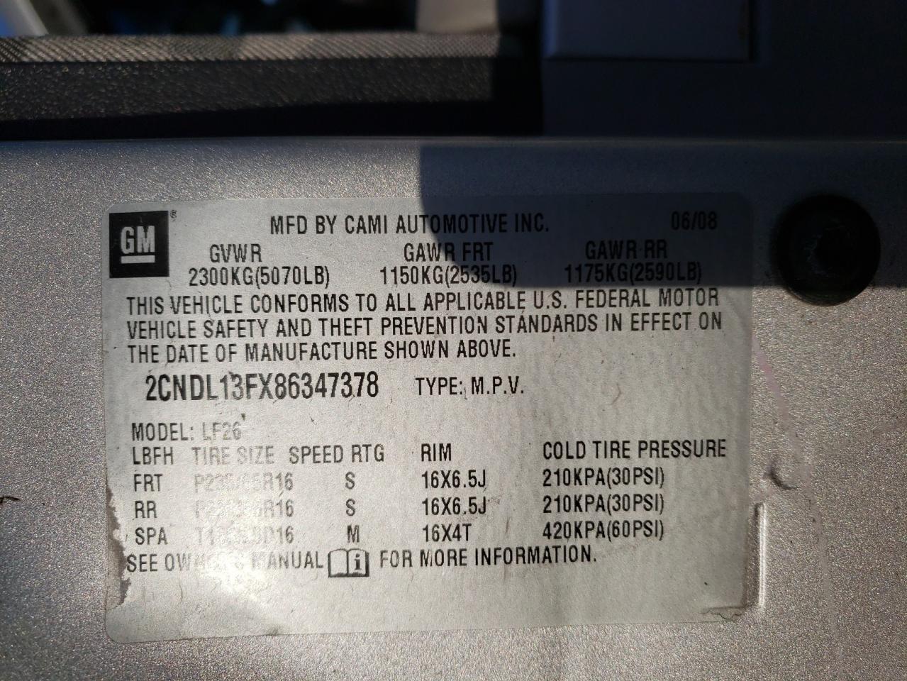 Photo 10 from auction – 2008 CHEVROLET EQUINOX LS with VIN 2CNDL13FX86347378