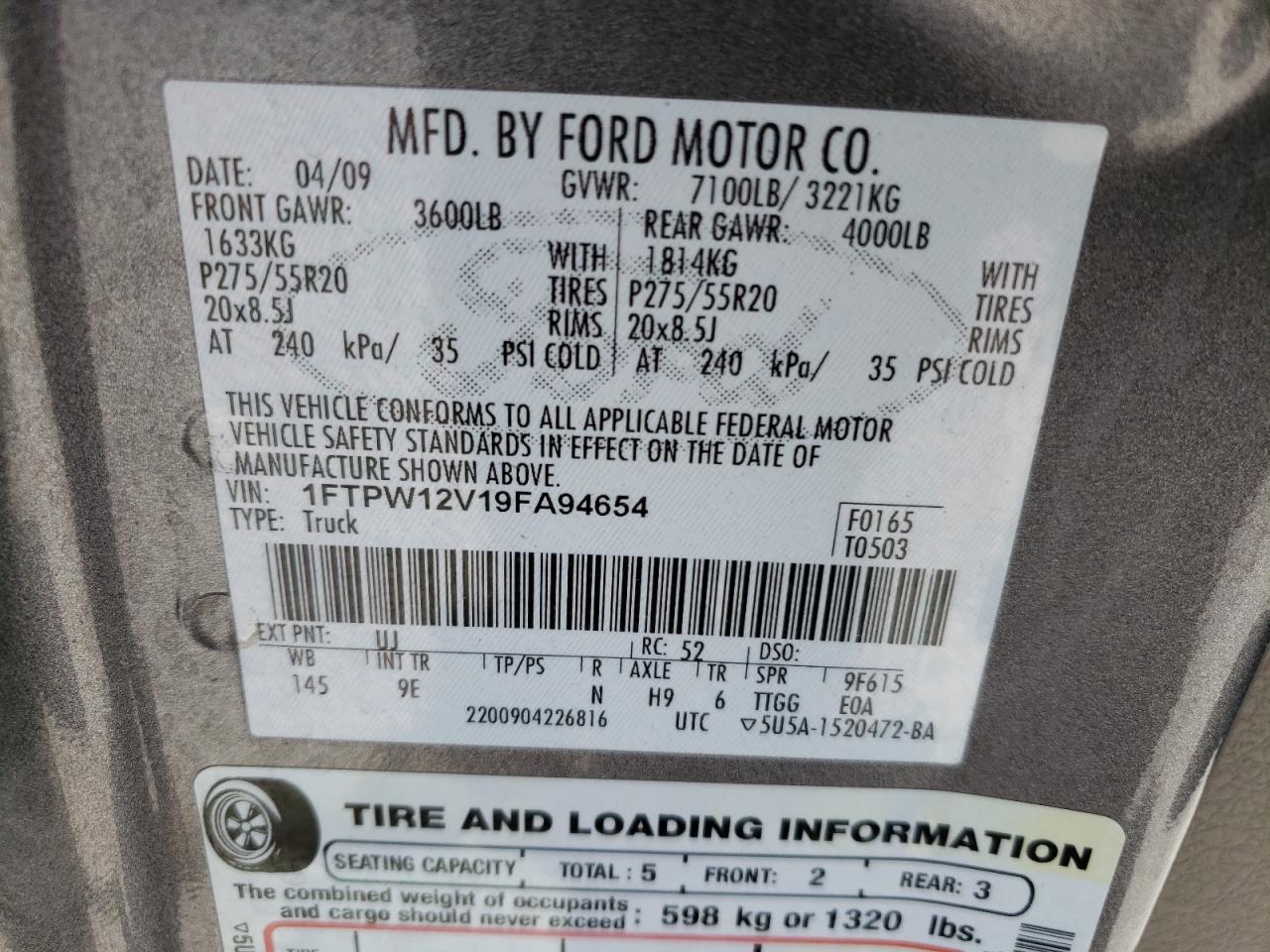 Photo 10 from auction – 2009 FORD F150 SUPER with VIN 1FTPW12V19FA94654