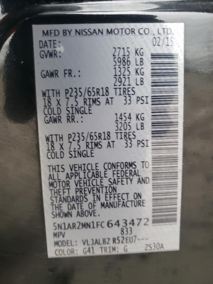 Photo 10 from auction – 2015 NISSAN PATHFINDER with VIN 5N1AR2MN1FC643472