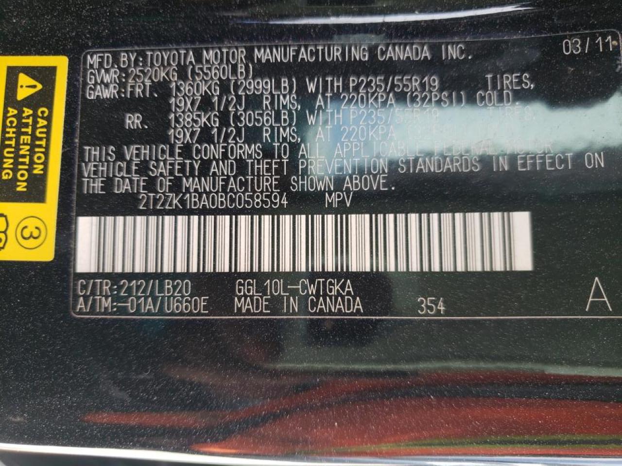 Photo 10 from auction – 2011 LEXUS RX 350 with VIN 2T2ZK1BA0BC058594