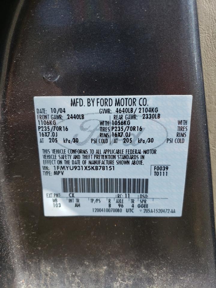 Photo 10 from auction – 2005 FORD ESCAPE XLT with VIN 1FMYU931X5KB78151