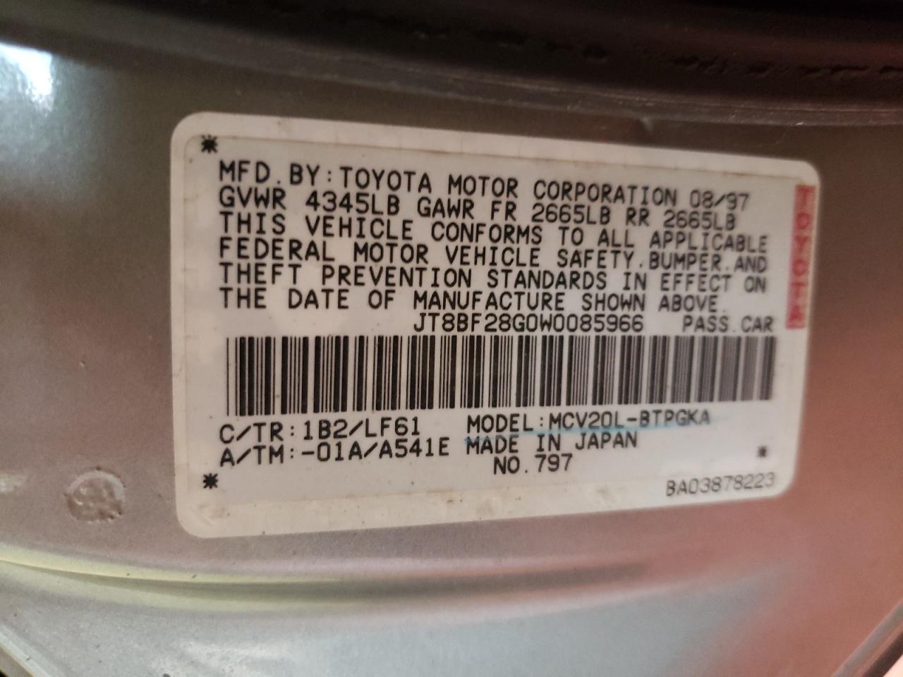 Photo 10 from auction – 1998 LEXUS ES 300 with VIN JT8BF28G0W0085966