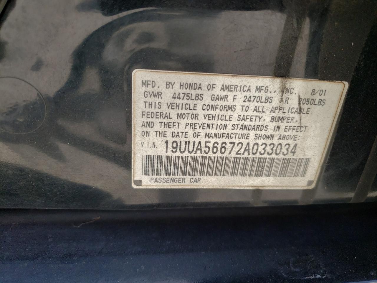 Photo 10 from auction – 2002 ACURA 3.2TL with VIN 19UUA56672A033034