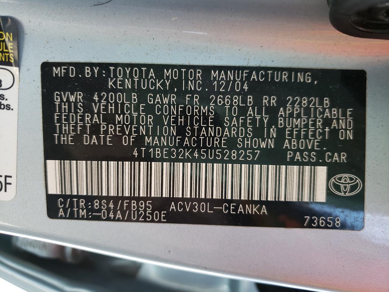 Photo 10 from auction – 2005 TOYOTA CAMRY LE with VIN 4T1BE32K45U528257