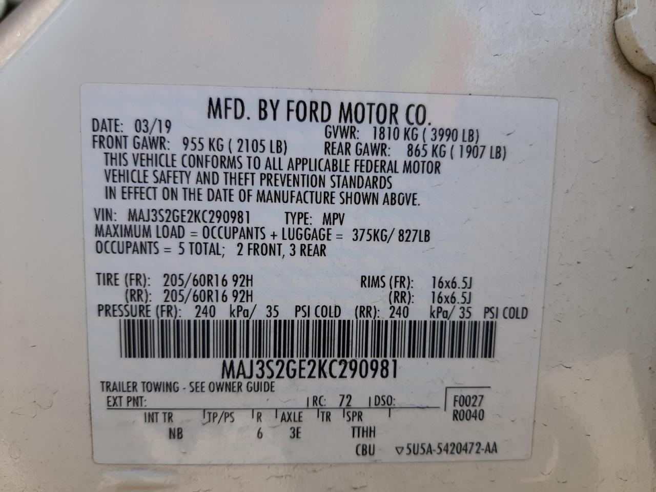 Photo 10 from auction – 2019 FORD ECOSPORT S with VIN MAJ3S2GE2KC290981
