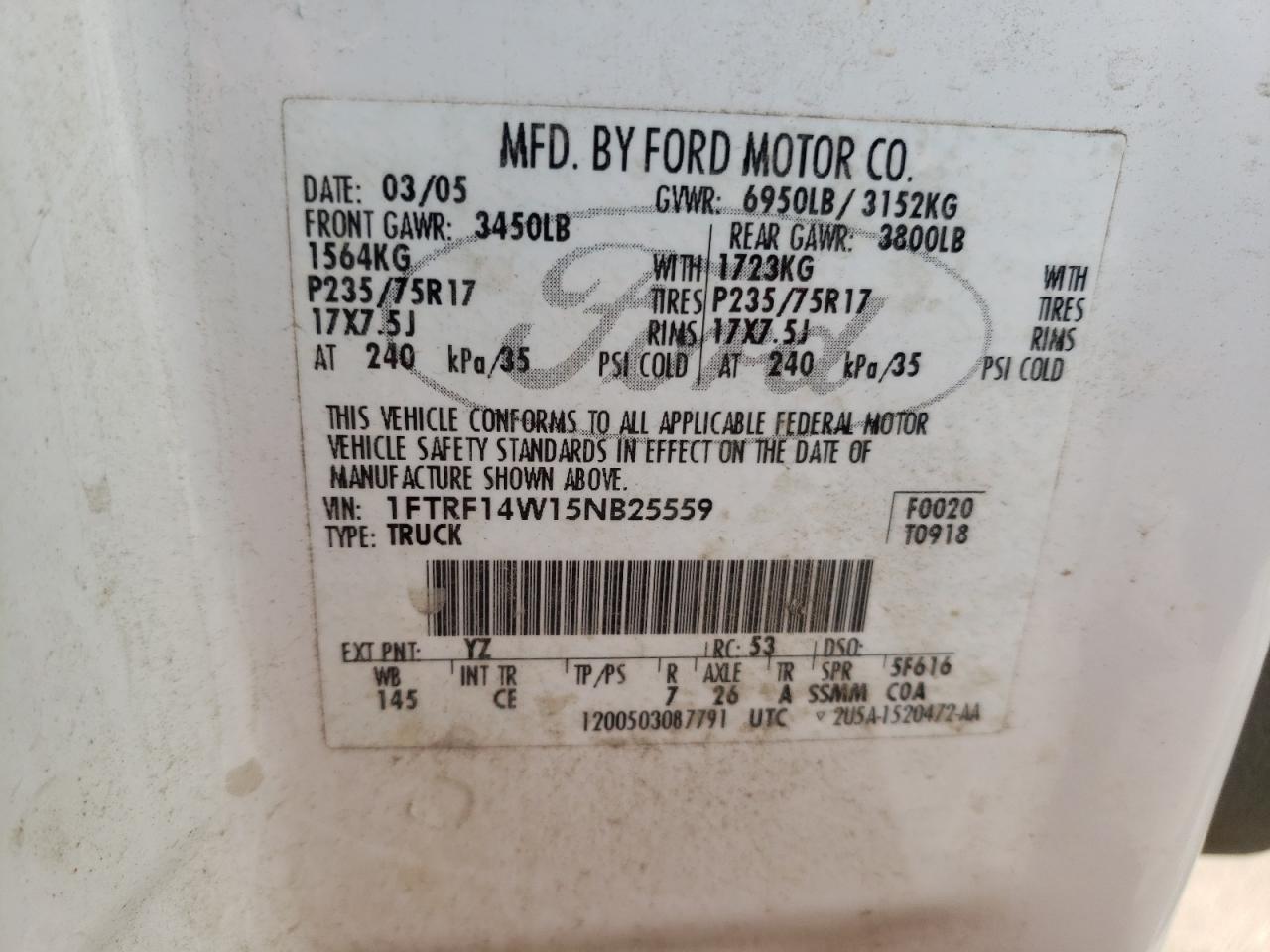 Photo 10 from auction – 2005 FORD F150 with VIN 1FTRF14W15NB25559