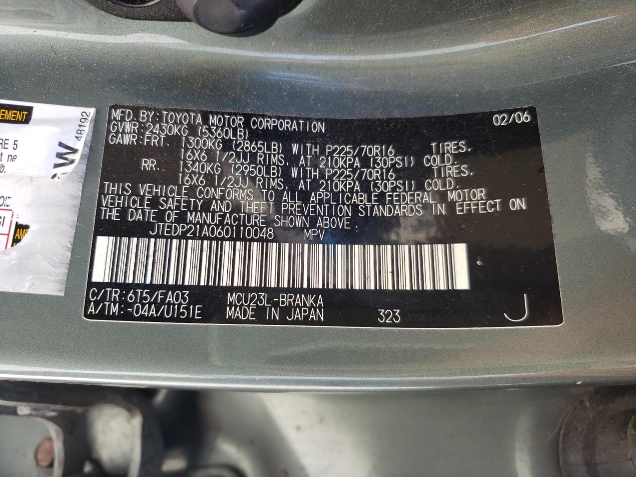Photo 10 from auction – 2006 TOYOTA HIGHLANDER with VIN JTEDP21A060110048