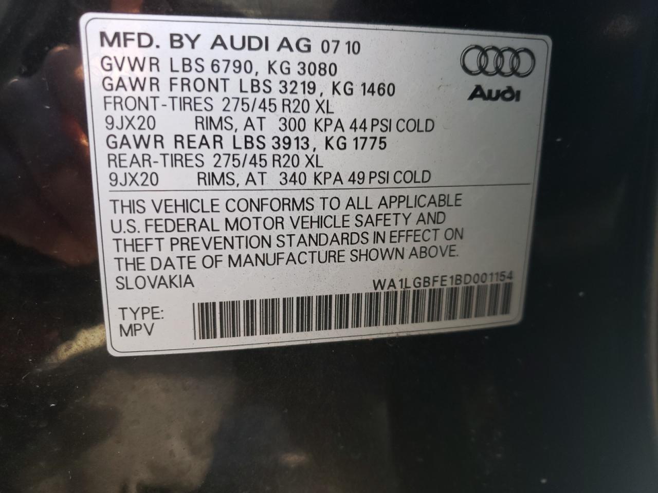 Photo 10 from auction – 2011 AUDI Q7 PREMIUM with VIN WA1LGBFE1BD001154
