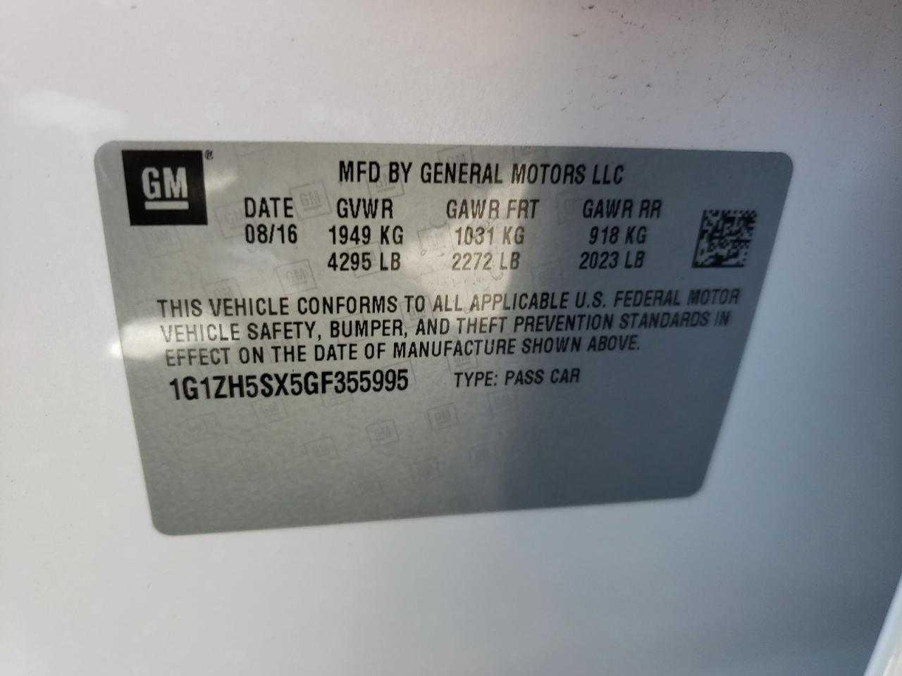 Photo 10 from auction – 2016 CHEVROLET MALIBU PRE with VIN 1G1ZH5SX5GF355995