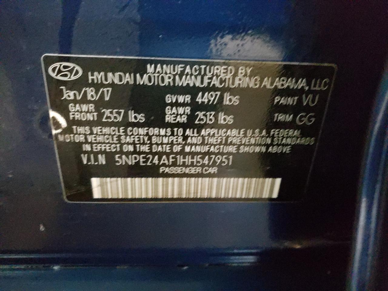 Photo 10 from auction – 2017 HYUNDAI SONATA SE with VIN 5NPE24AF1HH547951