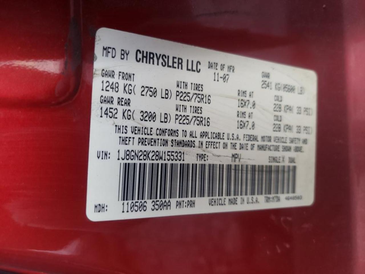 Photo 10 from auction – 2008 JEEP LIBERTY SP with VIN 1J8GN28K28W155331
