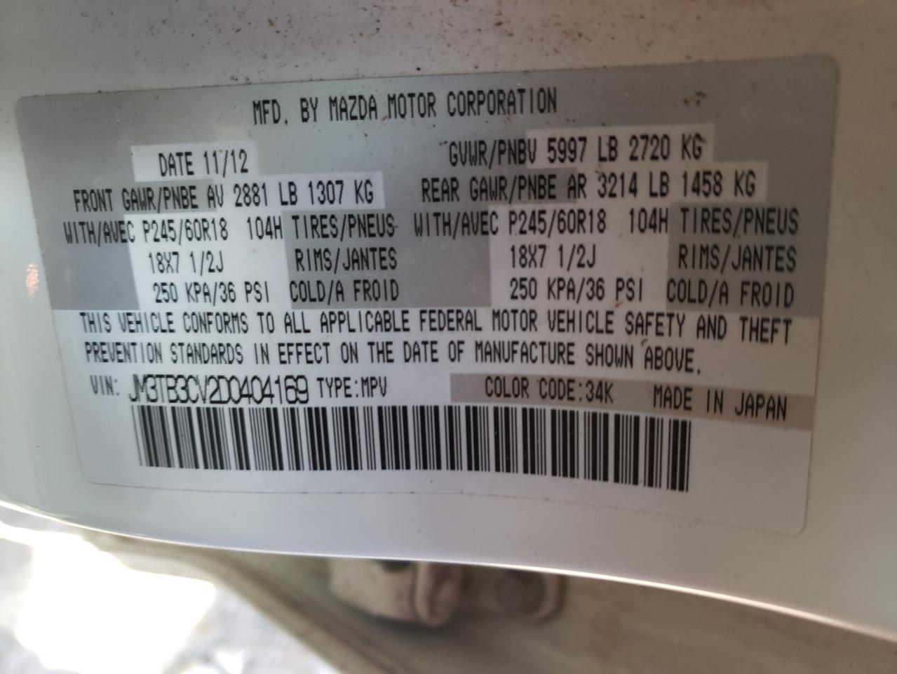 Photo 10 from auction – 2013 MAZDA CX-9 TOURI with VIN JM3TB3CV2D0404169