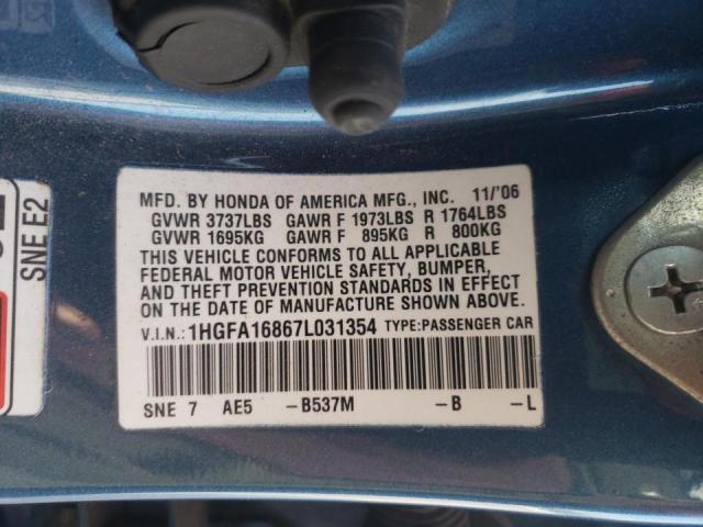 Photo 10 from auction – 2007 HONDA CIVIC EX with VIN 1HGFA16867L031354