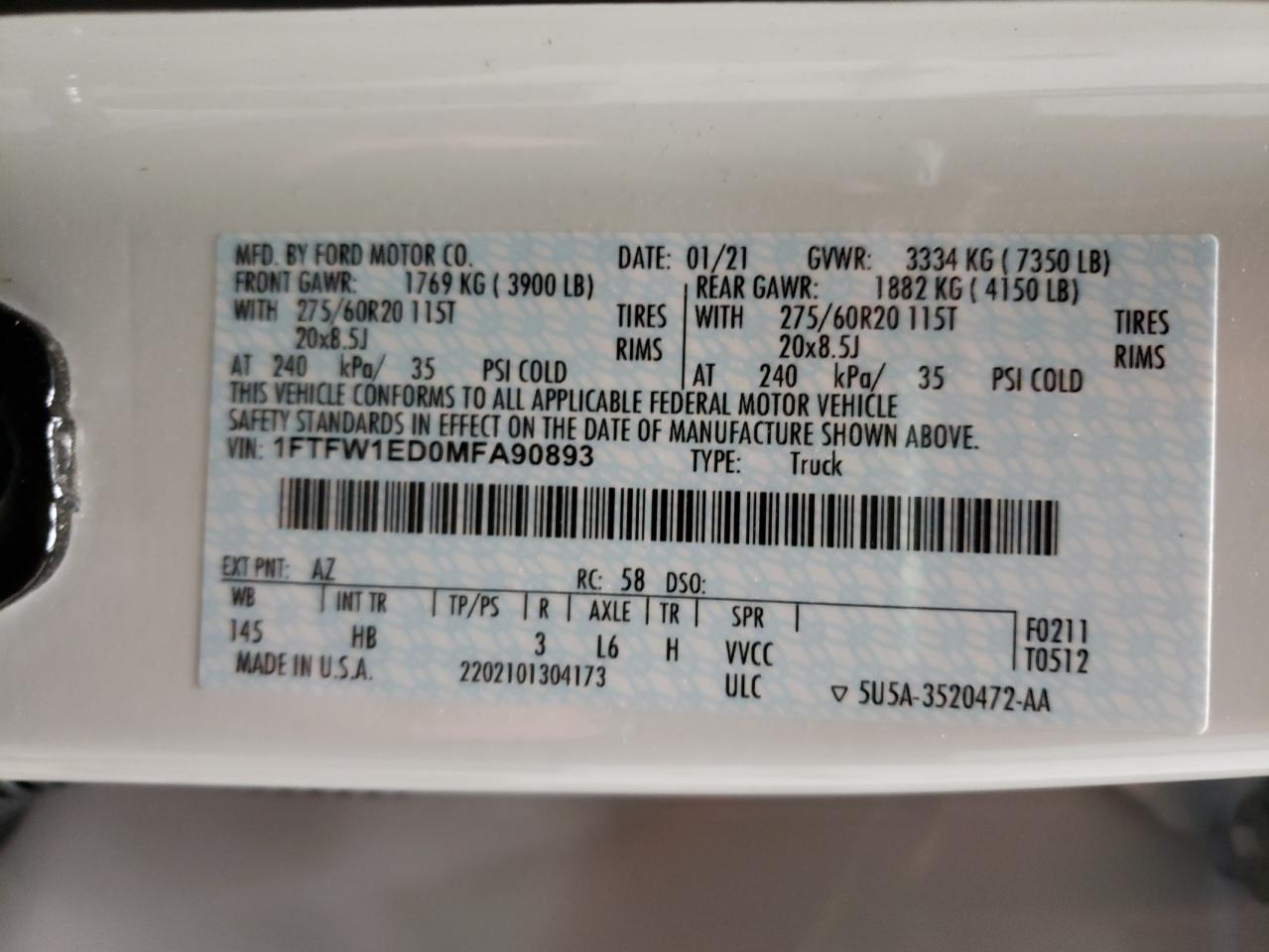Photo 10 from auction – 2021 FORD F-150 with VIN 1FTFW1ED0MFA90893