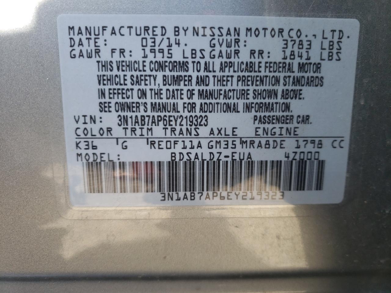 Photo 10 from auction – 2014 NISSAN SENTRA S with VIN 3N1AB7AP6EY219323