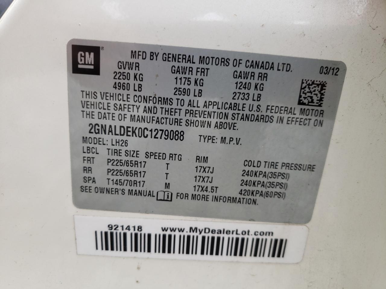 Photo 10 from auction – 2012 CHEVROLET EQUINOX LT with VIN 2GNALDEK0C1279088
