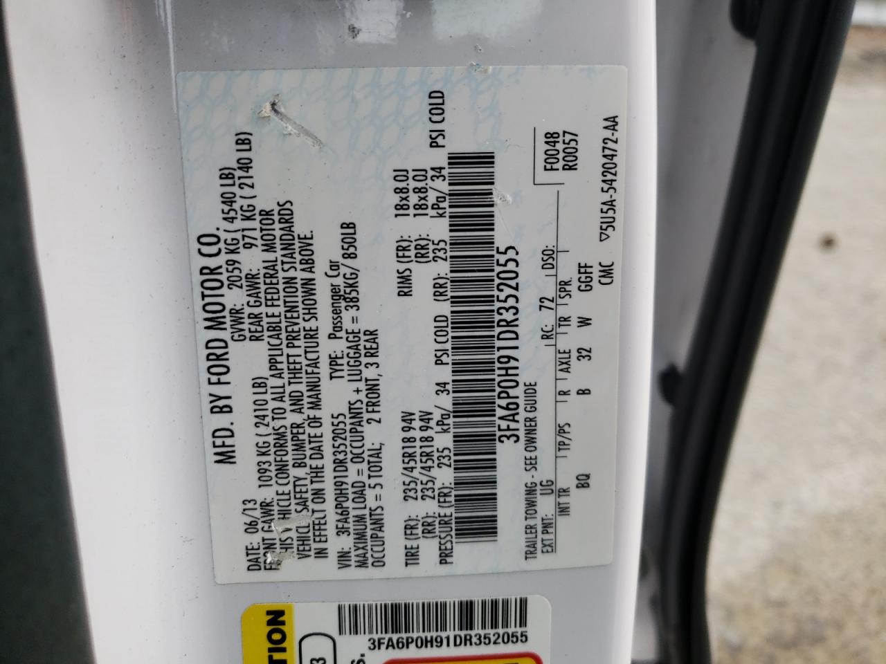 Photo 10 from auction – 2013 FORD FUSION SE with VIN 3FA6P0H91DR352055