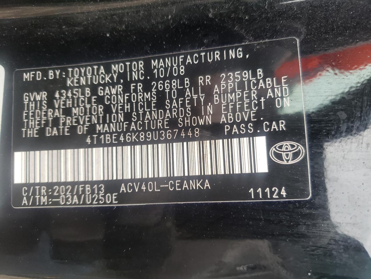 Photo 10 from auction – 2009 TOYOTA CAMRY BASE with VIN 4T1BE46K89U367448