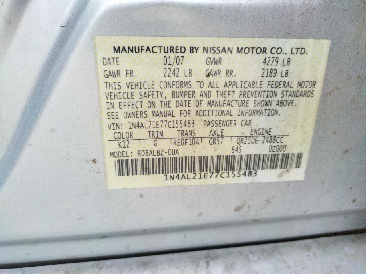 Photo 10 from auction – 2007 NISSAN ALTIMA 2.5 with VIN 1N4AL21E77C155483