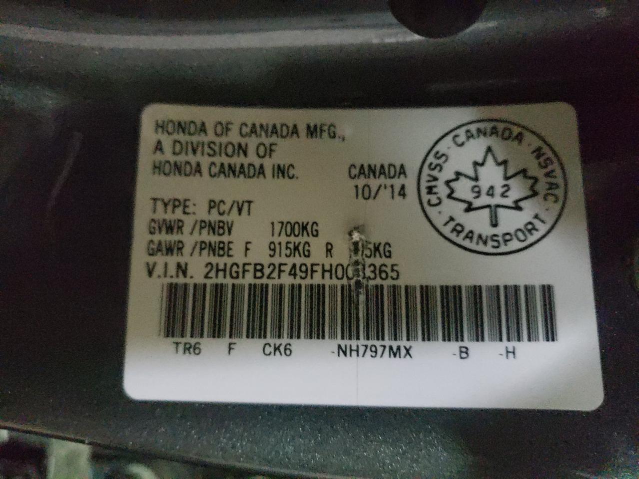 Photo 10 from auction – 2015 HONDA CIVIC LX with VIN 2HGFB2F49FH003365
