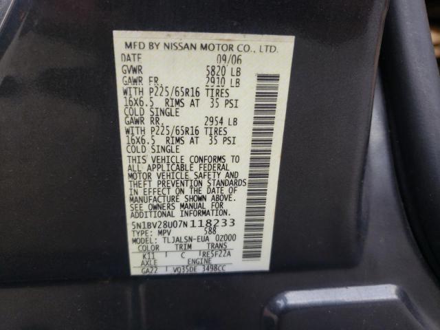Photo 10 from auction – 2007 NISSAN QUEST S with VIN 5N1BV28U07N118233