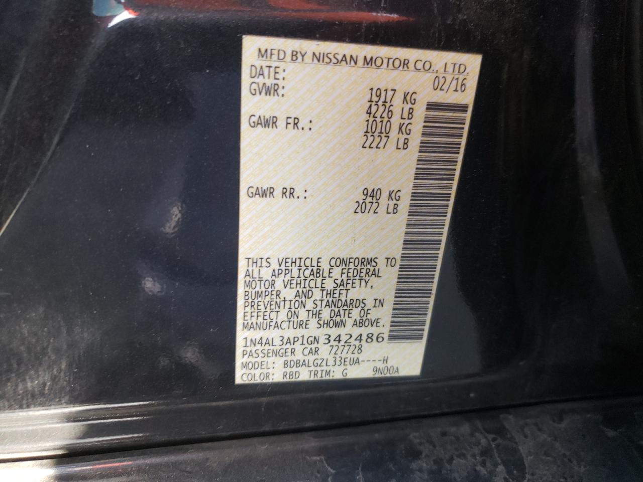 Photo 10 from auction – 2016 NISSAN ALTIMA 2.5 with VIN 1N4AL3AP1GN342486