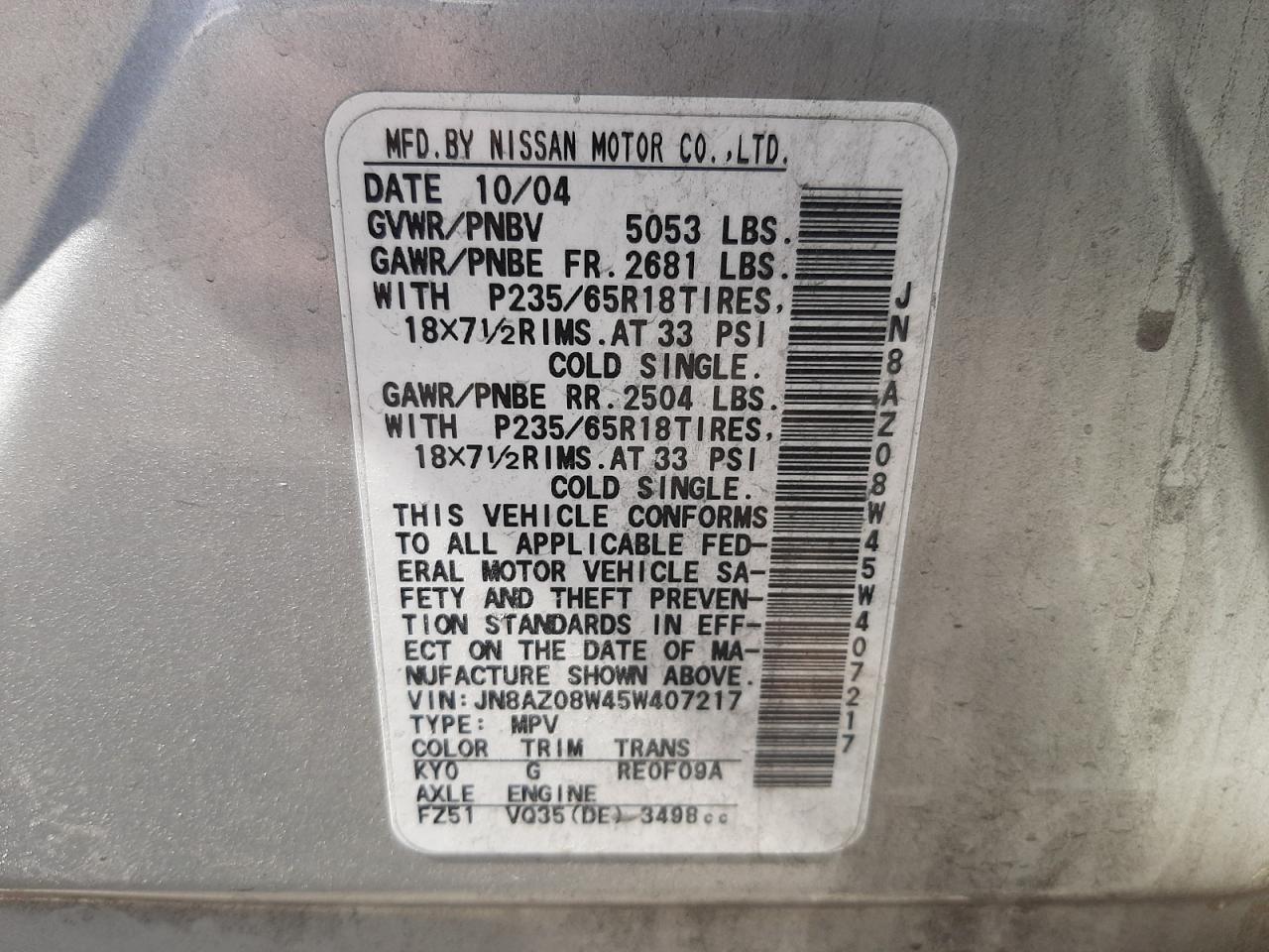 Photo 10 from auction – 2005 NISSAN MURANO SL with VIN JN8AZ08W45W407217