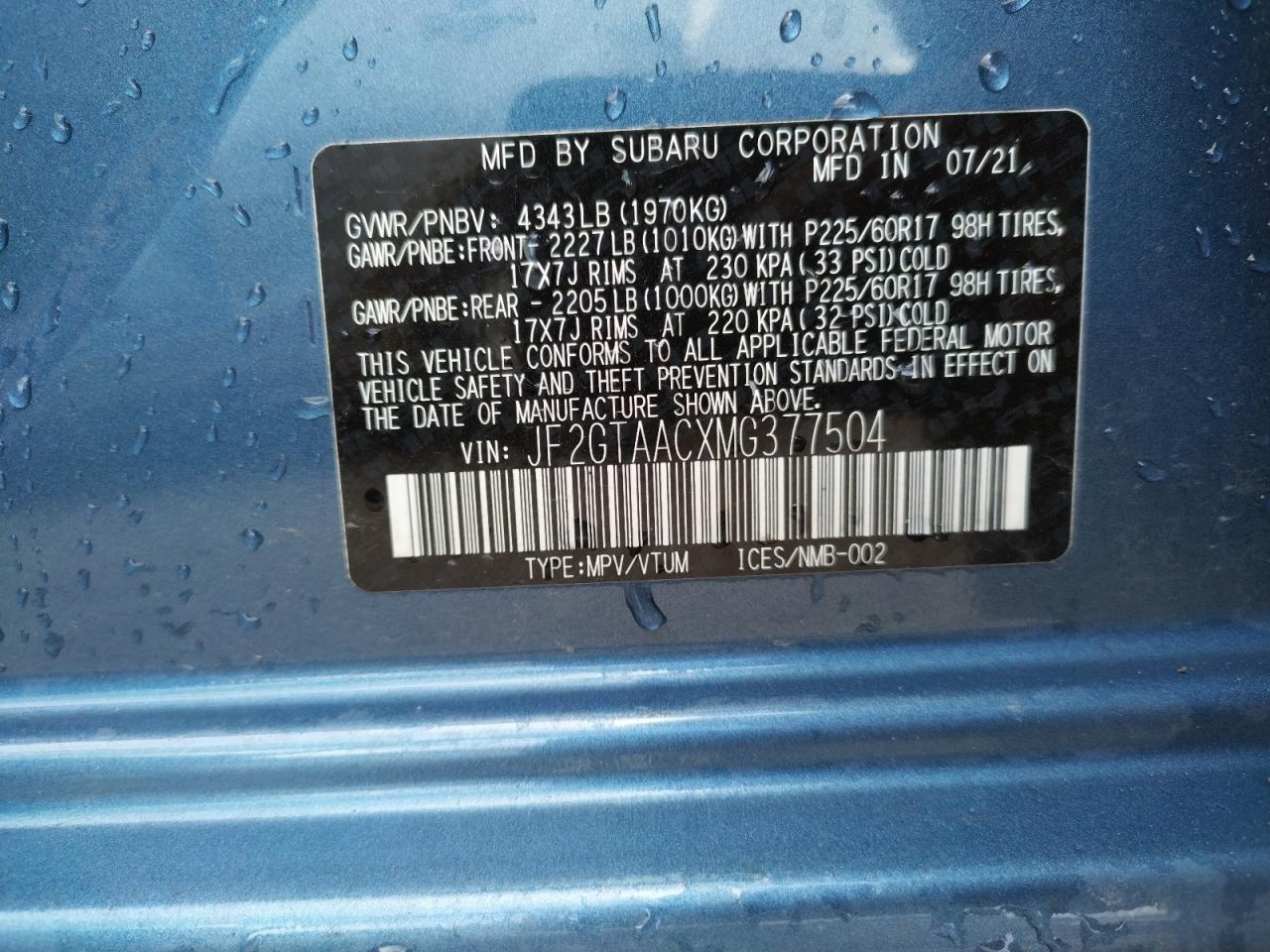 Photo 10 from auction – 2021 SUBARU CROSSTREK with VIN JF2GTAACXMG377504