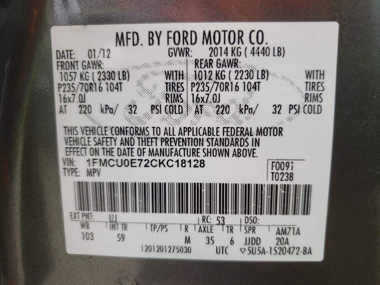 Photo 10 from auction – 2012 FORD ESCAPE LIM with VIN 1FMCU0E72CKC18128