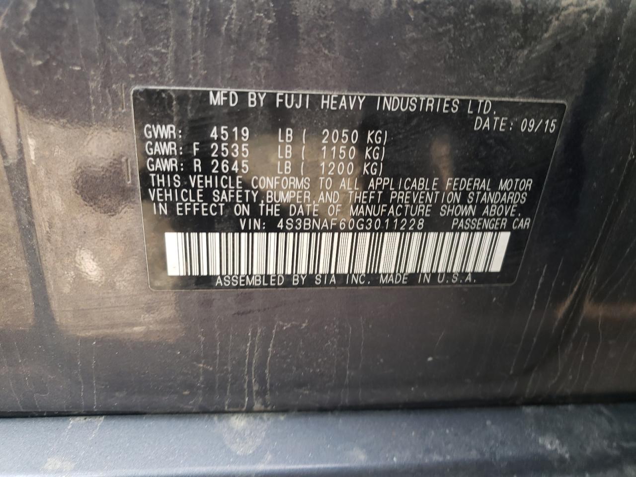Photo 10 from auction – 2016 SUBARU LEGACY 2.5 with VIN 4S3BNAF60G3011228