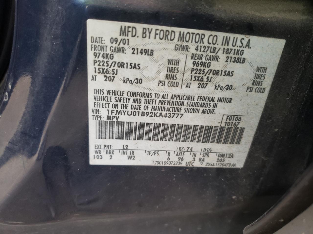 Photo 10 from auction – 2002 FORD ESCAPE XLS with VIN 1FMYU01B92KA43777