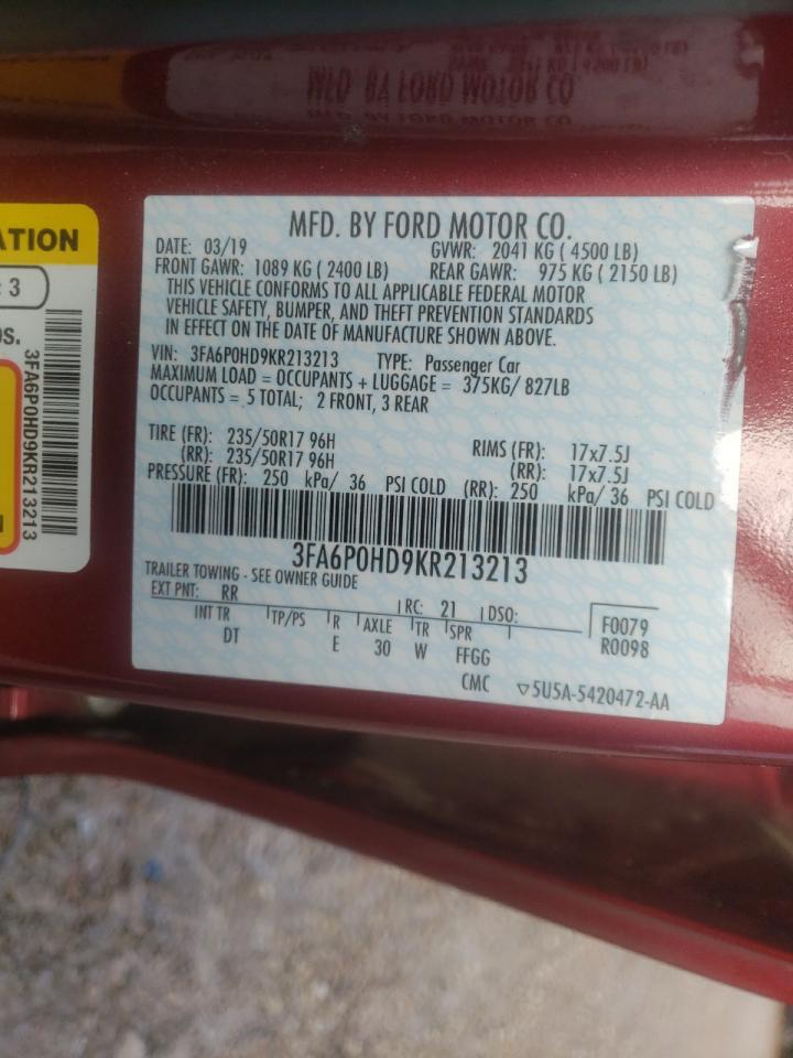 Photo 10 from auction – 2019 FORD FUSION SE with VIN 3FA6P0HD9KR213213