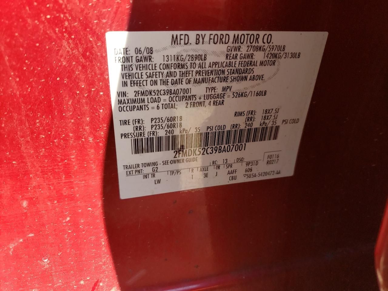 Photo 10 from auction – 2009 FORD FLEX SEL with VIN 2FMDK52C39BA07001