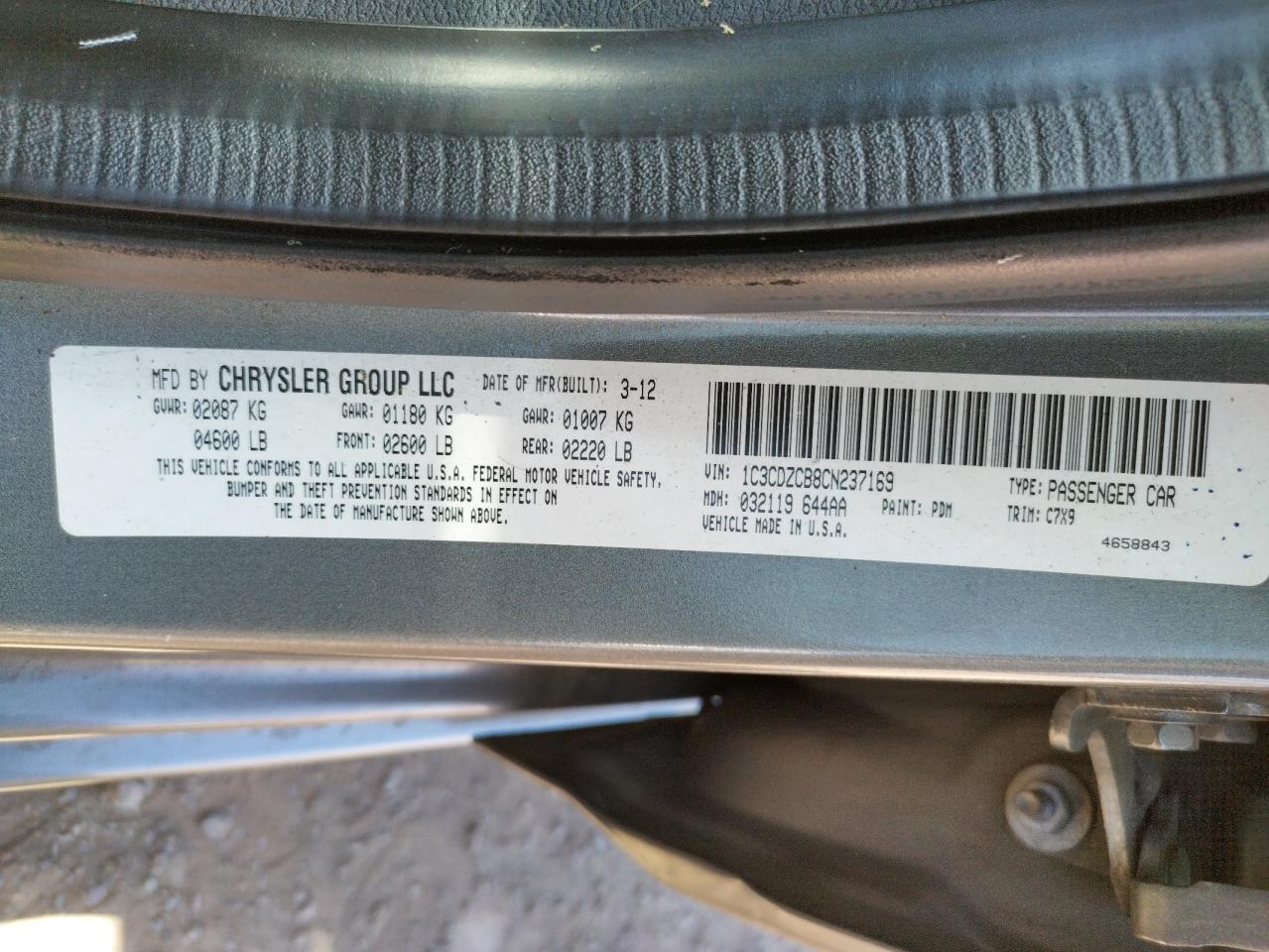 Photo 10 from auction – 2012 DODGE AVENGER SX with VIN 1C3CDZCB8CN237169