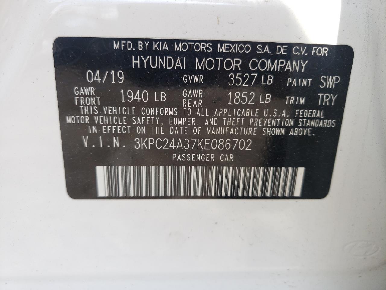 Photo 10 from auction – 2019 HYUNDAI ACCENT SE with VIN 3KPC24A37KE086702