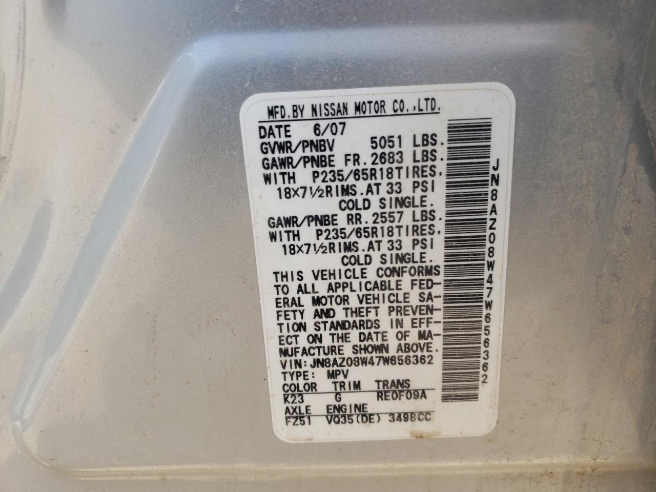 Photo 10 from auction – 2007 NISSAN MURANO SL with VIN JN8AZ08W47W656362