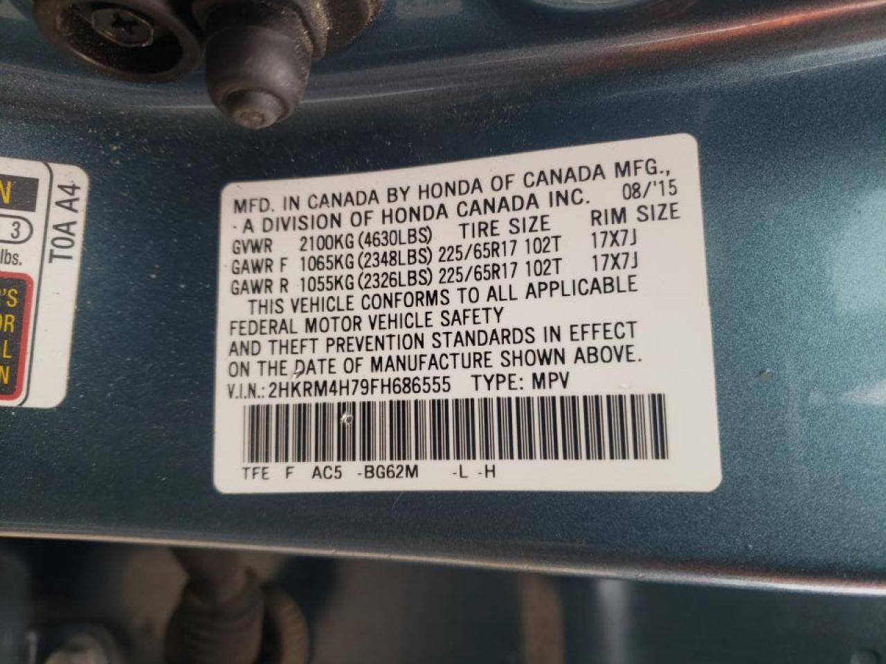 Photo 10 from auction – 2015 HONDA CR-V EXL with VIN 2HKRM4H79FH686555