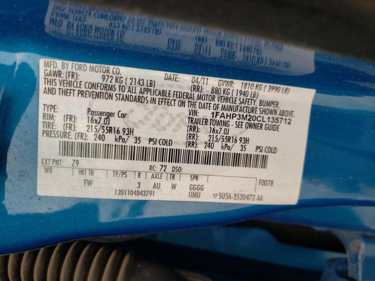 Photo 10 from auction – 2012 FORD FOCUS SEL with VIN 1FAHP3M20CL135712