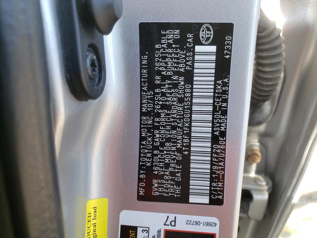 Photo 10 from auction – 2016 TOYOTA CAMRY LE with VIN 4T1BF1FK0GU155880