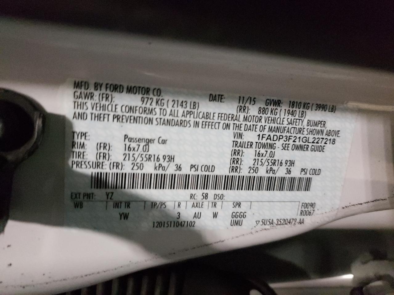 Photo 10 from auction – 2016 FORD FOCUS SE with VIN 1FADP3F21GL227218