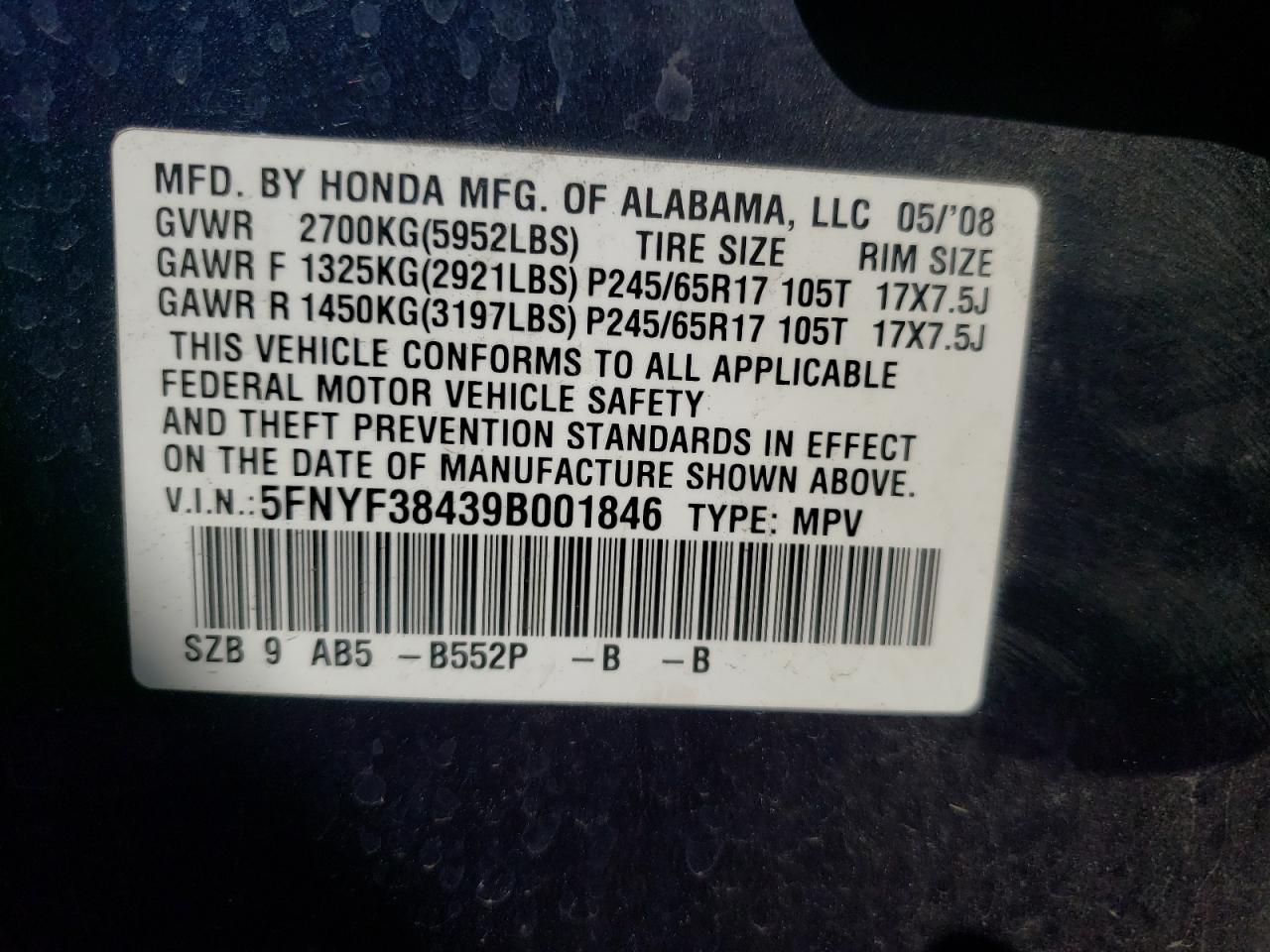 Photo 10 from auction – 2009 HONDA PILOT EX with VIN 5FNYF38439B001846