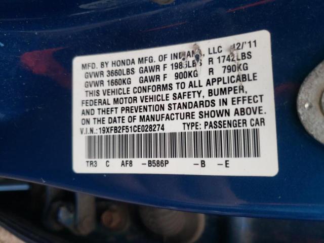 Photo 10 from auction – 2012 HONDA CIVIC LX with VIN 19XFB2F51CE028274