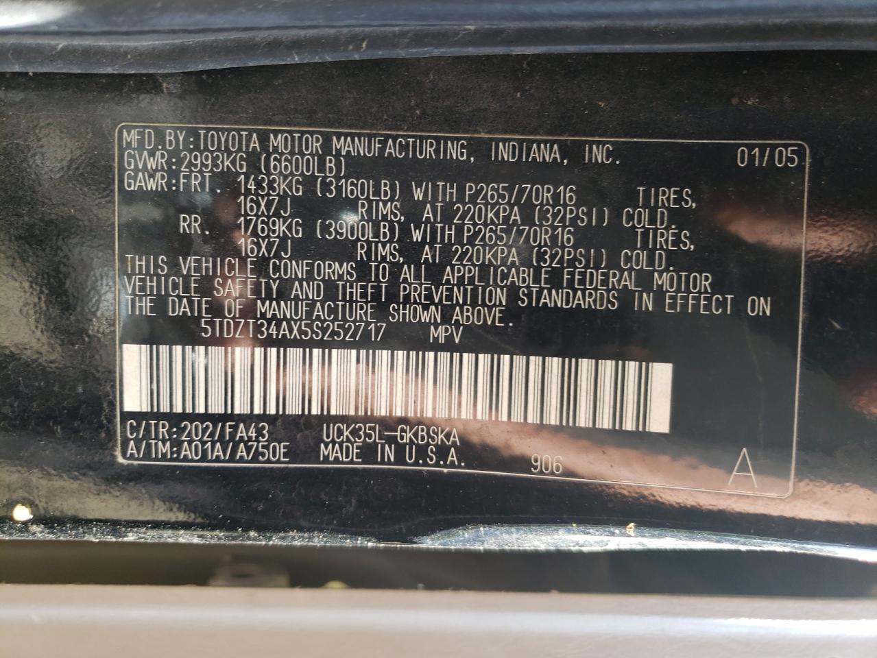 Photo 10 from auction – 2005 TOYOTA SEQUOIA SR with VIN 5TDZT34AX5S252717