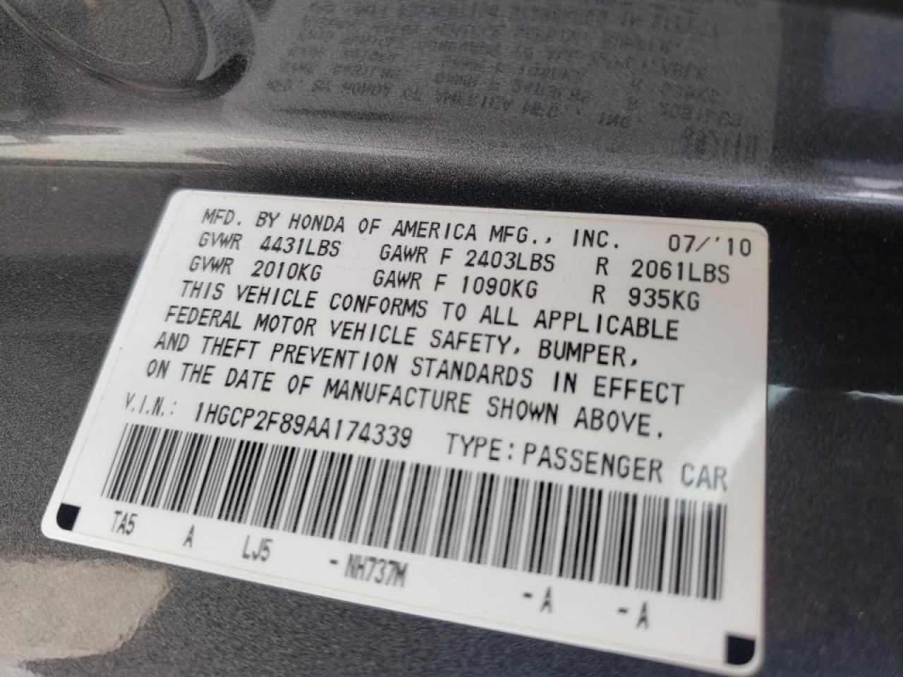 Photo 10 from auction – 2010 HONDA ACCORD with VIN 1HGCP2F89AA174339
