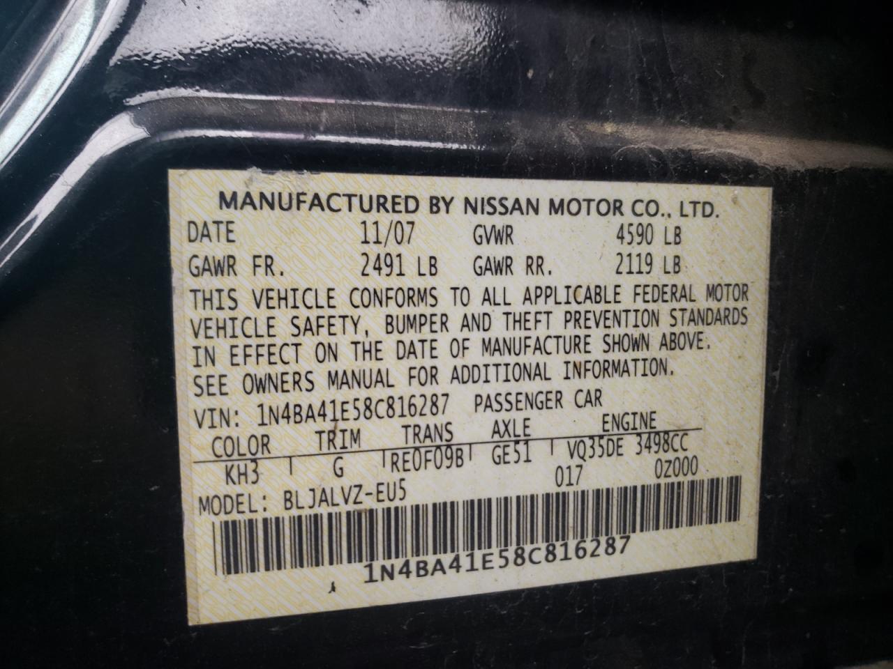 Photo 10 from auction – 2008 NISSAN MAXIMA SE with VIN 1N4BA41E58C816287