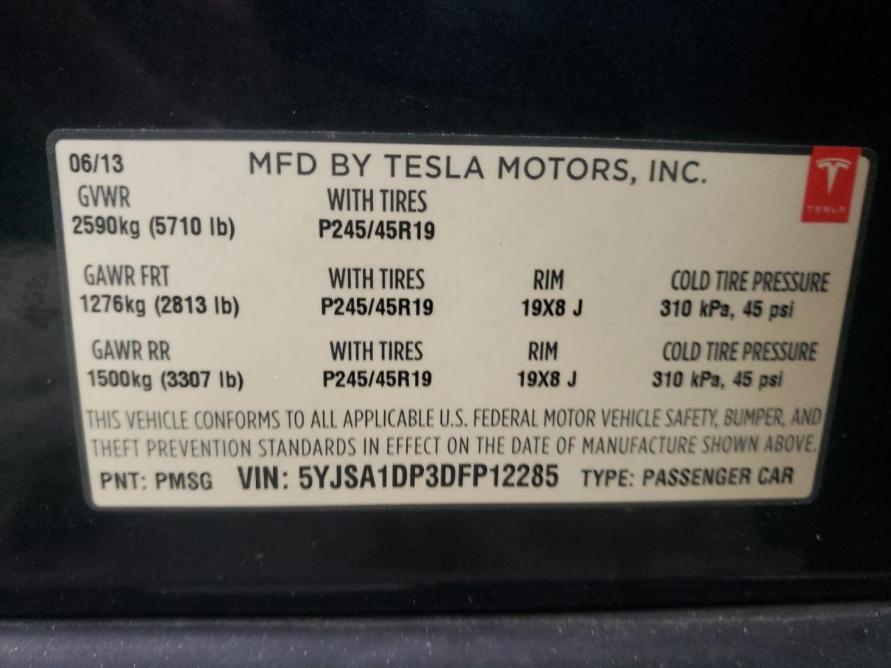 Photo 10 from auction – 2013 TESLA MODEL S with VIN 5YJSA1DP3DFP12285