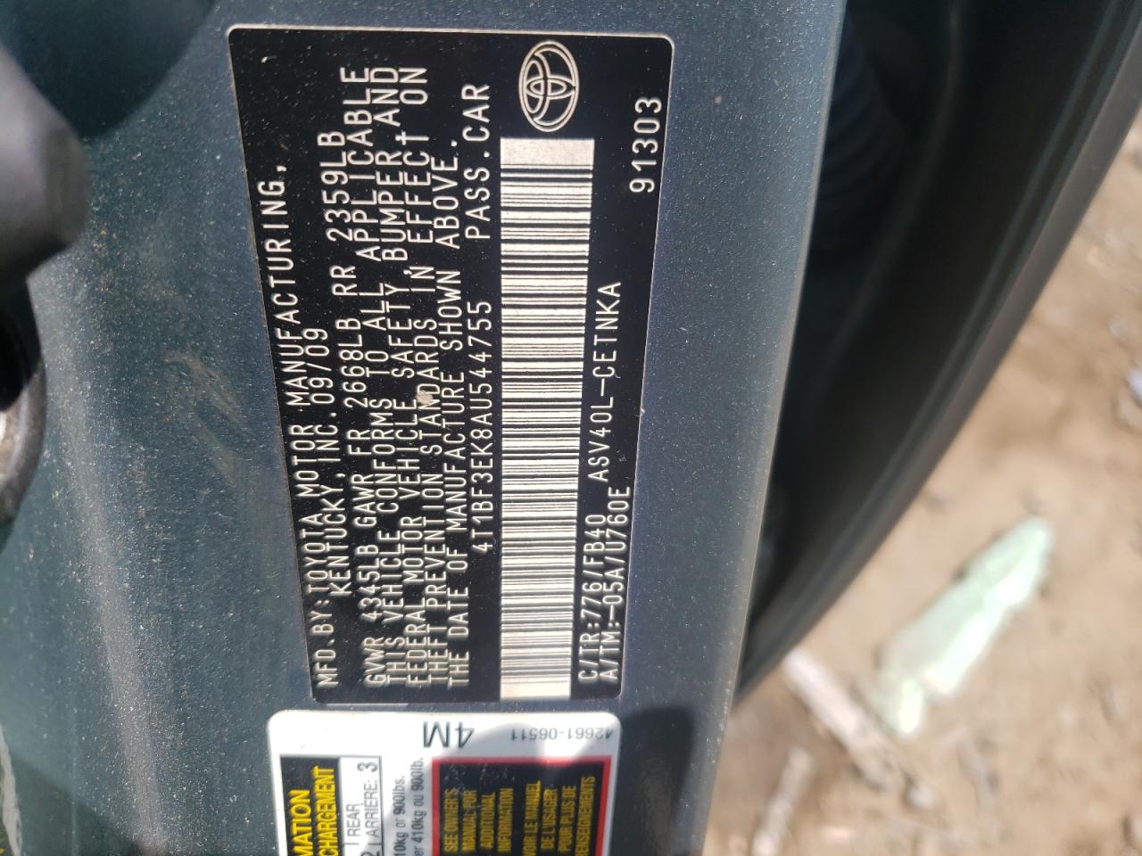 Photo 10 from auction – 2010 TOYOTA CAMRY BASE with VIN 4T1BF3EK8AU544755