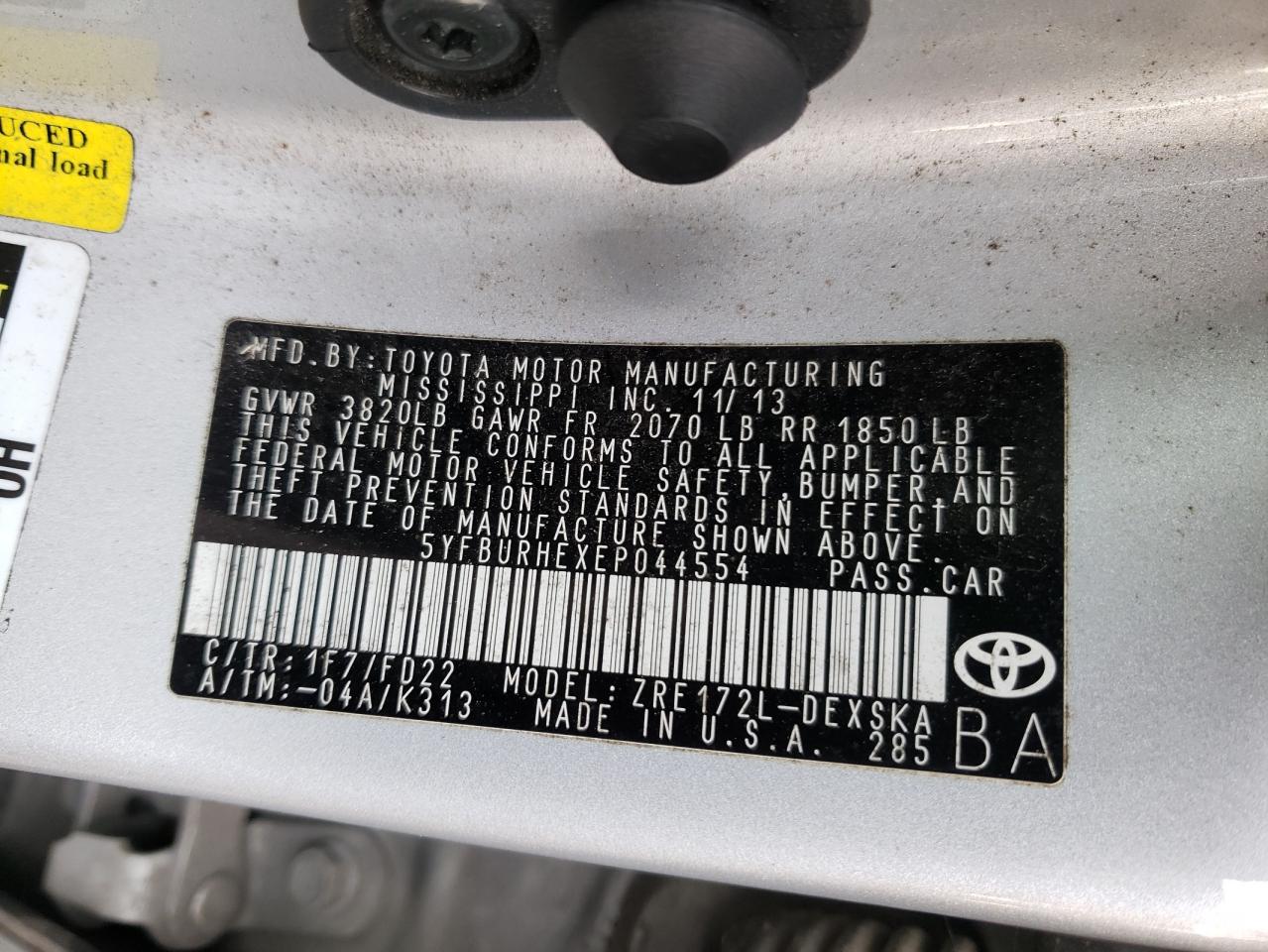 Photo 10 from auction – 2014 TOYOTA COROLLA L with VIN 5YFBURHEXEP044554
