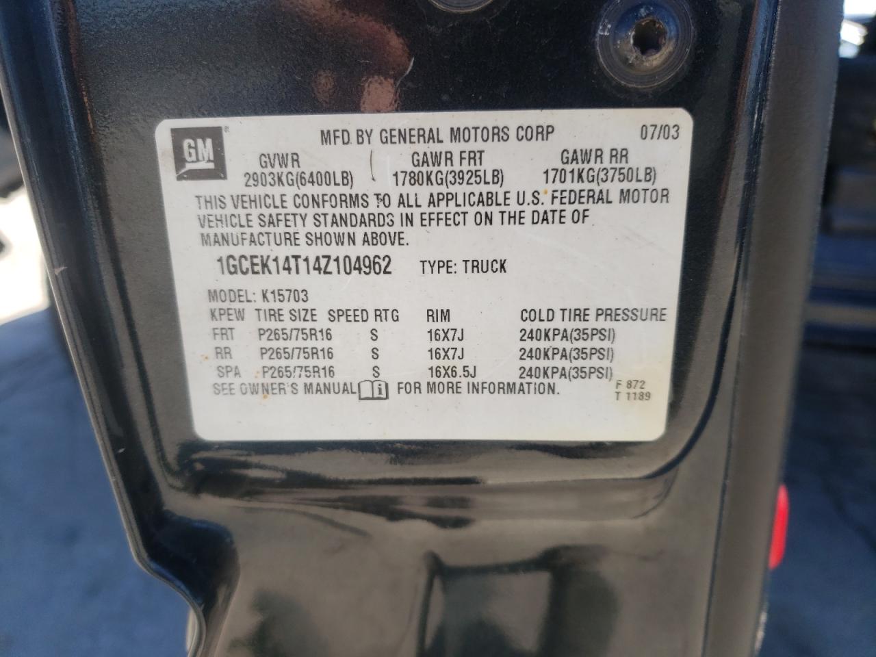 Photo 10 from auction – 2004 CHEVROLET SILVERADO with VIN 1GCEK14T14Z104962